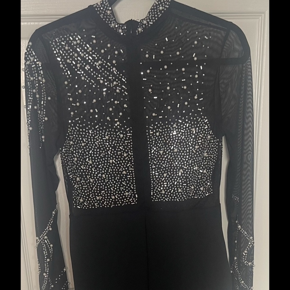 Black Embellished Long Sleeve V-Neck Gown - Picture 4 of 4